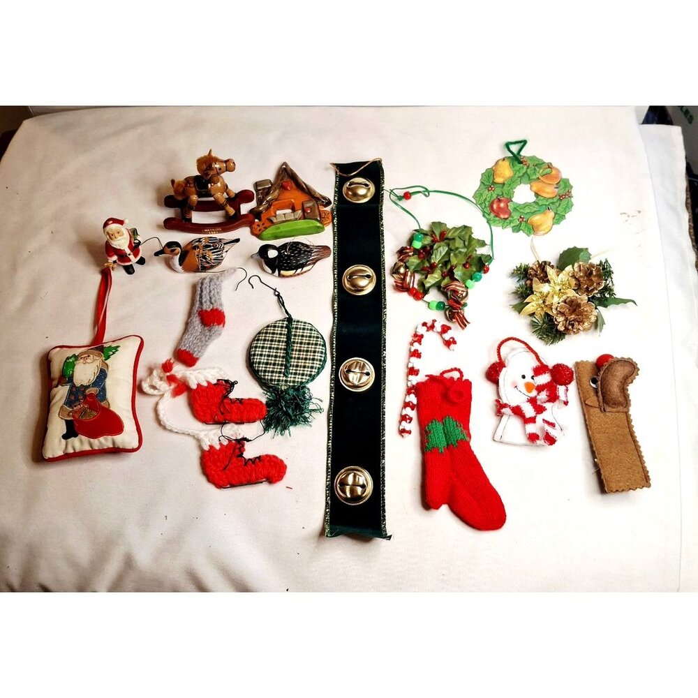 Vintage Christmas Ornaments Set Of 18 With Santa Bells Stockings & Wooden Decora